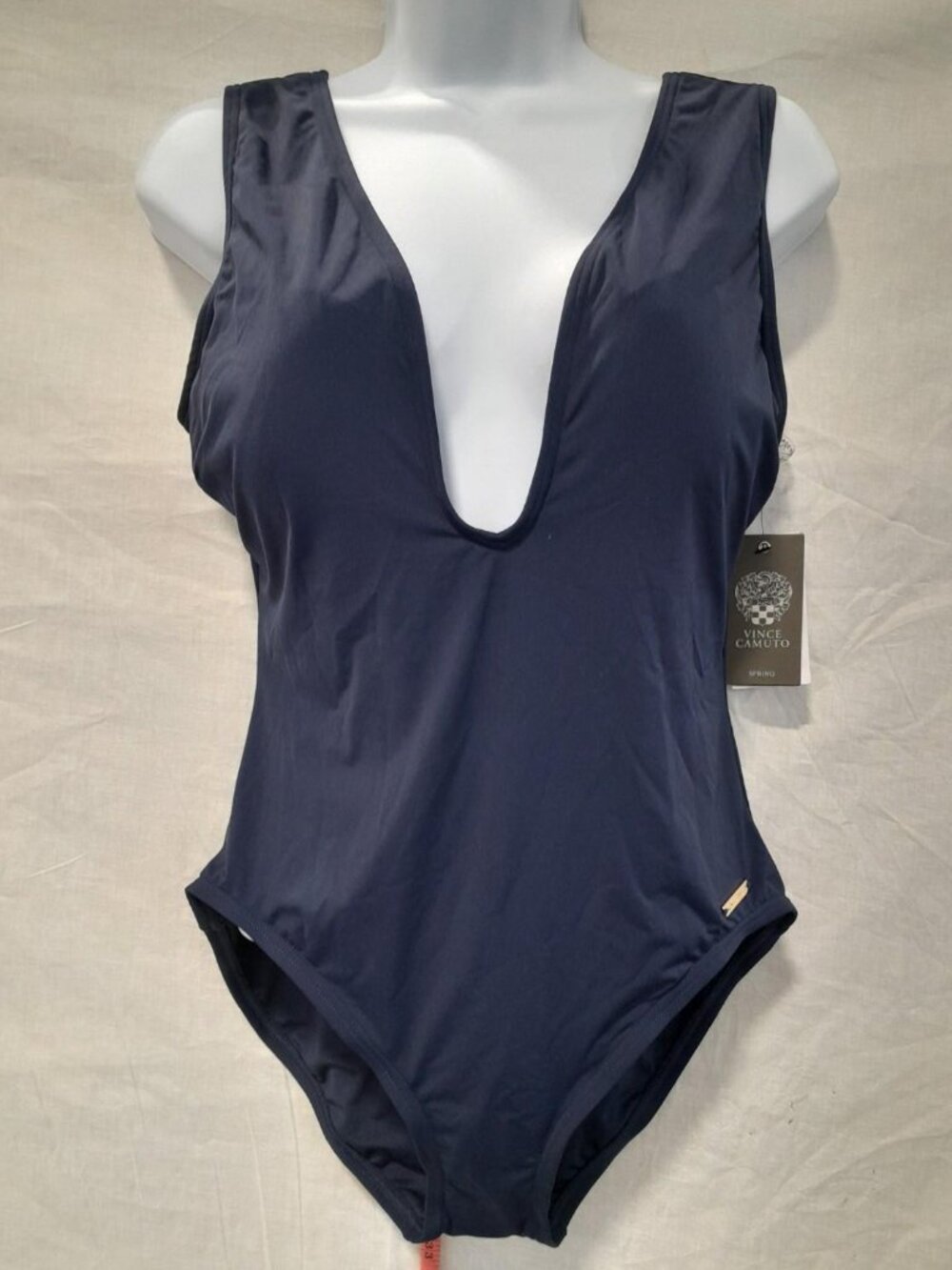 NWT Vince Camuto Navy Blue Deep V-Neck One-Piece Swimsuit Size 12